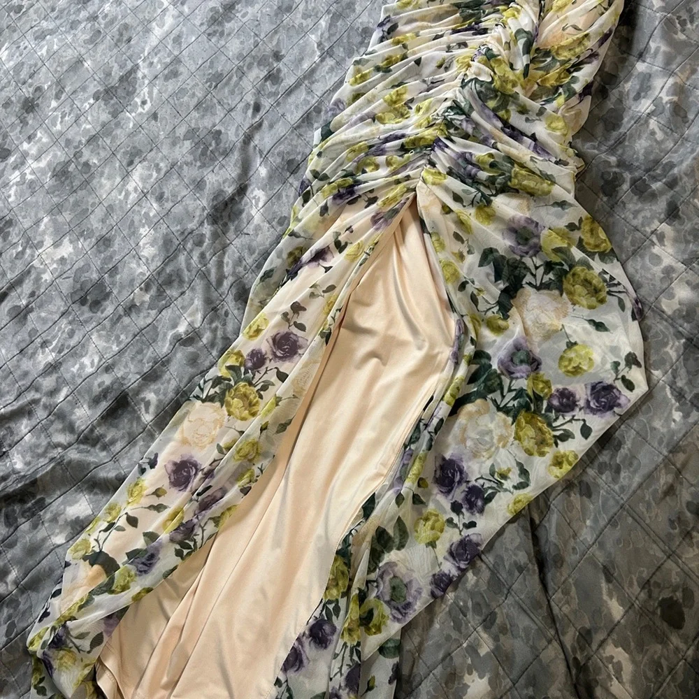 A&F Floral Ruched Strapless Dress in Yellow & Purple